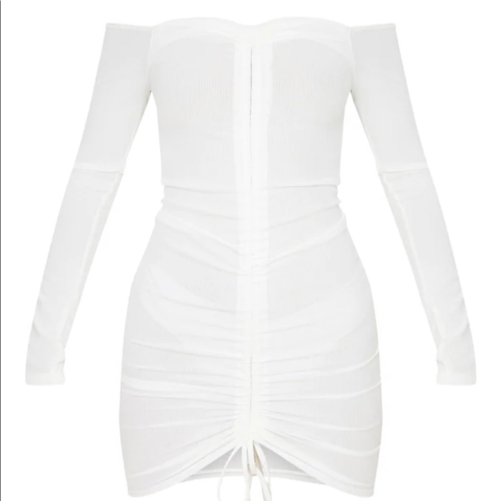 White Ribbed Long Sleeve Bardot Bodycon dress